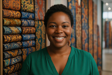Smiling woman in green blouse standing indoors with colorful patterned textile rolls in the background, authentic craft ambiance