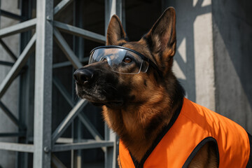 German shepherd in safety vest and goggles at industrial construction site under sunlight