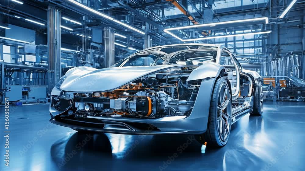 Poster assembly process of a high tech electric sports car showcasing its intricate inner components and ad