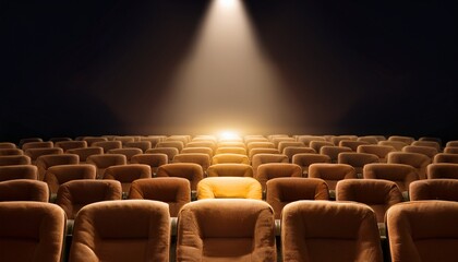 Obraz premium single illuminated theater seat among rows of brown chairs glowing under spotlight symbolizing uniqueness and individuality in abstract concept