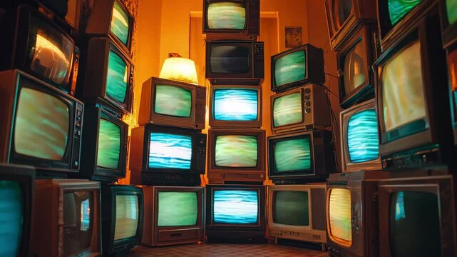 A collection of vintage televisions stacked together shows different static images in a cozy indoor space