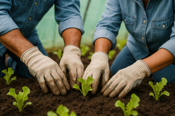 Fototapeta premium Farmers in denim shirts and gloves planting lettuce seedlings together in fertile soil inside a greenhouse for sustainable agriculture