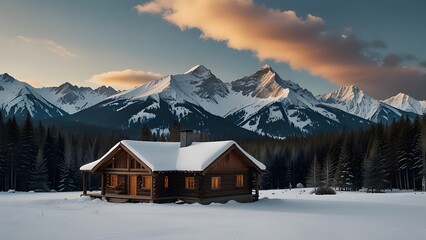 Fototapeta premium Cozy Mountain Cabin Retreat with Snowy Peaks – Winter Escape Scenery