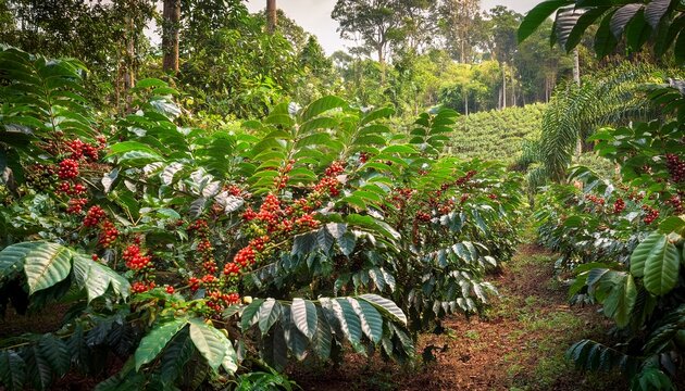 lush green guarana plantation in tropical rainforest with ripe red berries - Powered by Adobe