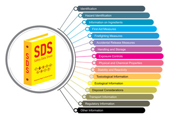 Explanatory chart of a 16 sections of the safety data sheet document. SDS in vector illustration for construction, industrial.