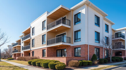 Obraz premium Modern apartment building with balconies and landscaped surroundings, showcasing bright blue sky