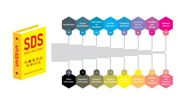 Chart of a 16 sections of the safety data sheet document. SDS in vector illustration for construction, industrial.