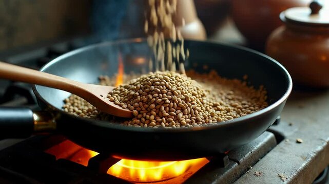 Roasting cumin seeds in a skillet creates aromatic flavors and enhances color deepening to rich brown