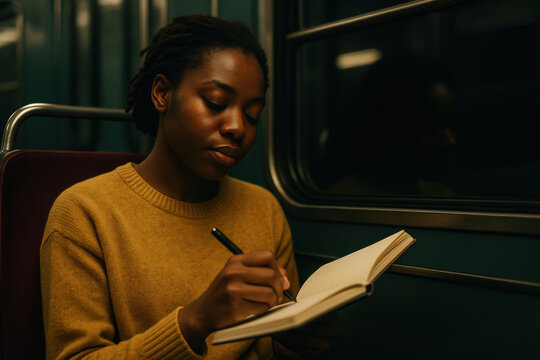 Thoughtful young woman writing in a notebook while commuting on a train, focused and immersed in creative journaling at night
