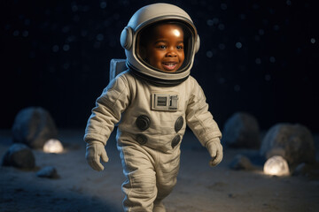 Smiling toddler in astronaut suit exploring lunar surface surrounded by rocks and glowing lights under a starry night sky