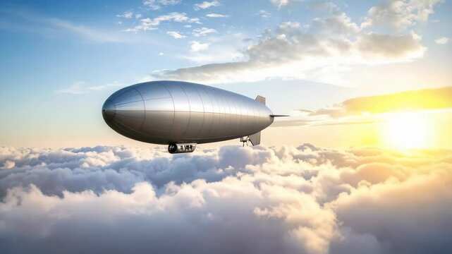 Airship floating smoothly through the clouds against the blue sky and sunset, concept of travel and adventure, dreams of freedom.