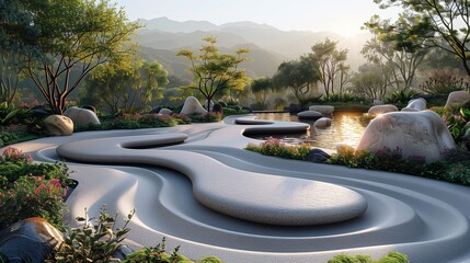 Fototapeta premium Neural Calm Landscape Architecture: Zen Garden Waves for Mental Wellness