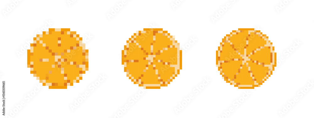 Aufkleber three pixelated orange slices displayed side by side in a retro 8 bit mosaic style.