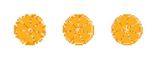 Three pixelated orange slices displayed side by side in a retro 8 bit mosaic style.