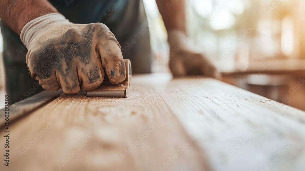 Poster craftsman working on a wooden surface with a sanding block during a bright afternoon at a workshop