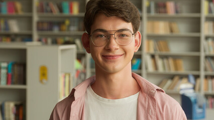 Portrait smiling happy positive Caucasian teen boy student guy male pupil man teenager in glasses...