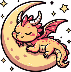 Cute Sleeping Dragon on Crescent Moon