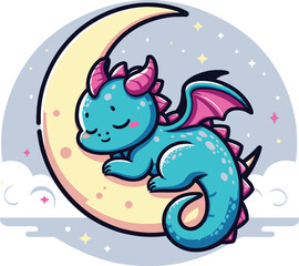 Cute Sleeping Dragon on Crescent Moon