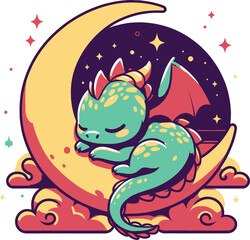 Cute Sleeping Dragon on Crescent Moon