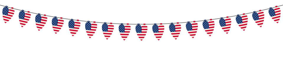 Patriotic American flag hearts on string. Festive independence day decoration.