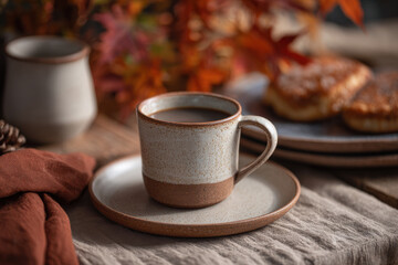 cozy autumn scene featuring warm drinks and seasonal dishes surrounded by colorful leaves and natural elements