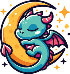 Cute Sleeping Dragon on Crescent Moon
