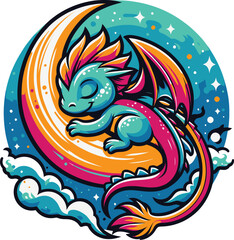Cute Sleeping Dragon on Crescent Moon