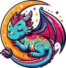 Cute Sleeping Dragon on Crescent Moon