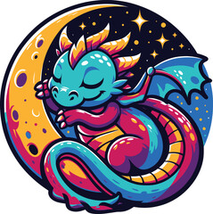 Cute Sleeping Dragon on Crescent Moon
