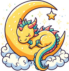 Cute Sleeping Dragon on Crescent Moon