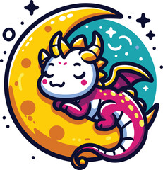 Cute Sleeping Dragon on Crescent Moon