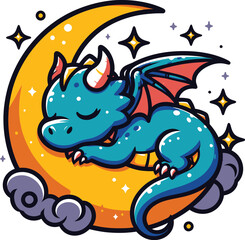 Cute Sleeping Dragon on Crescent Moon