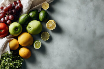 closeup of fresh organic fruits and vegetables arranged on clean background highlighting their vibrant colors and