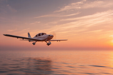 light aircraft soaring gracefully against stunning sunset over ocean