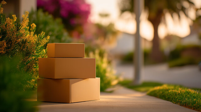 Stack of cardboard boxes waiting for pick up in warm light along peaceful residential street. Concept of eco-friendly actions, sustainability, delivery services