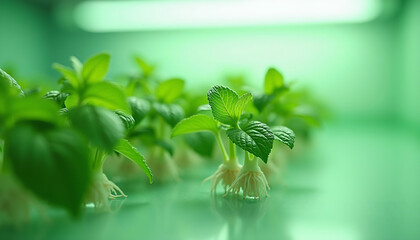 Small green basil plants growing indoors under LED lights