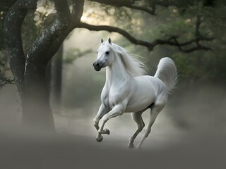 A white horse running through a dark forest with rays of light filtering through the trees.