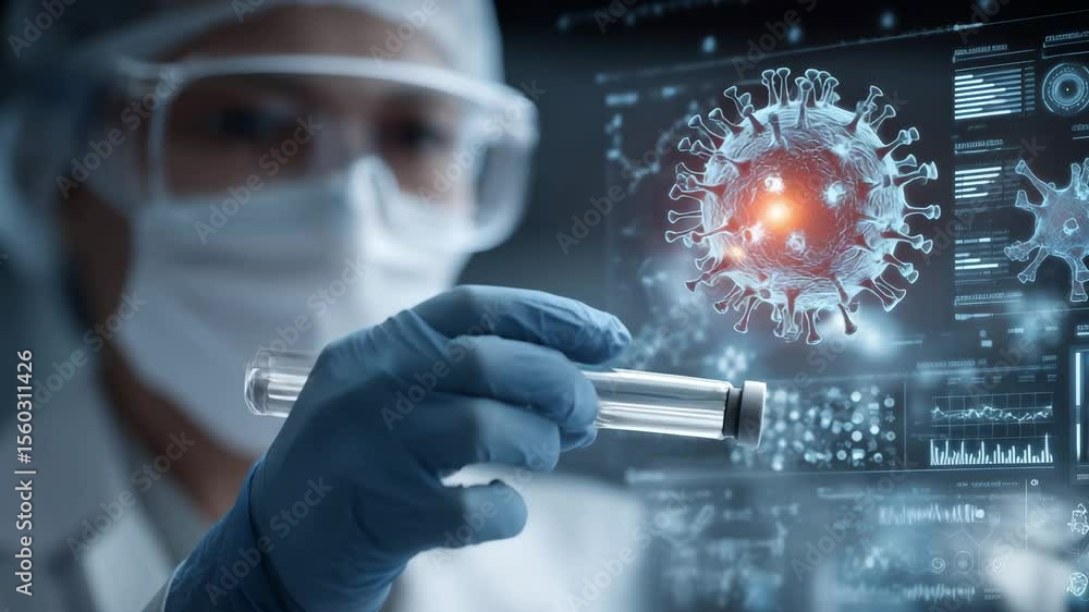 Aufkleber a medical professional holds a test tube while analyzing virus data shown on a digital interface in 