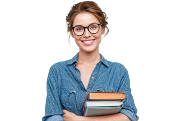 Smiling young woman with glasses holding books isolated on transparent background