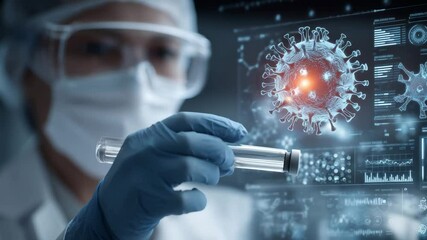 A medical professional holds a test tube while analyzing virus data shown on a digital interface in a modern research laboratory - Powered by Adobe