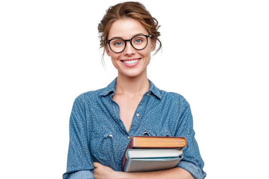 Smiling young woman with glasses holding books isolated on transparent background