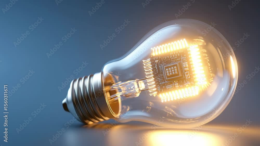 Poster a light bulb integrating modern technology with a microchip, creating a unique fusion of utility and
