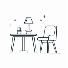 Line-art vector of a modern chair and table in a minimalist room setting