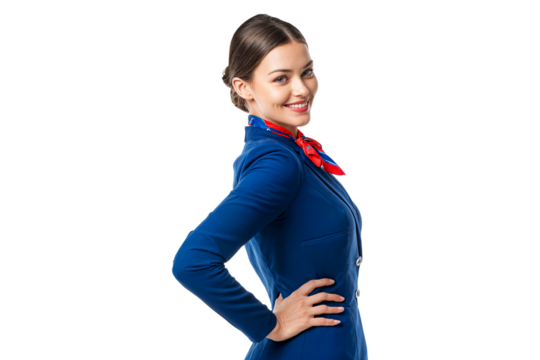 Smiling female flight attendant in blue uniform isolated on transparent background