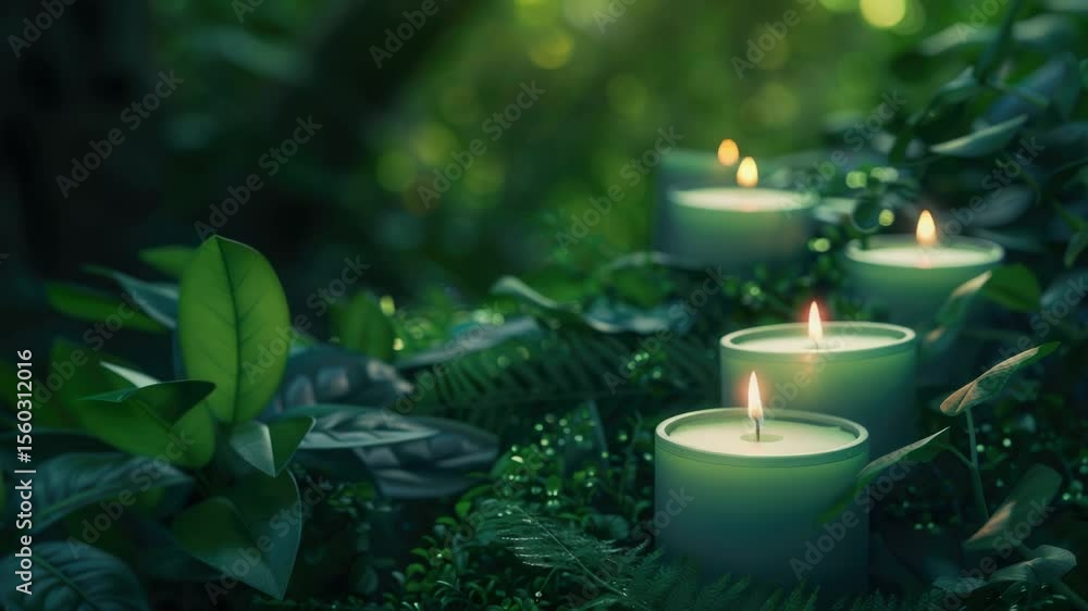 Poster A cluster of lit candles situated amidst lush foliage in a serene forest environment, suitable for use as a calming atmosphere or rustic event decoration