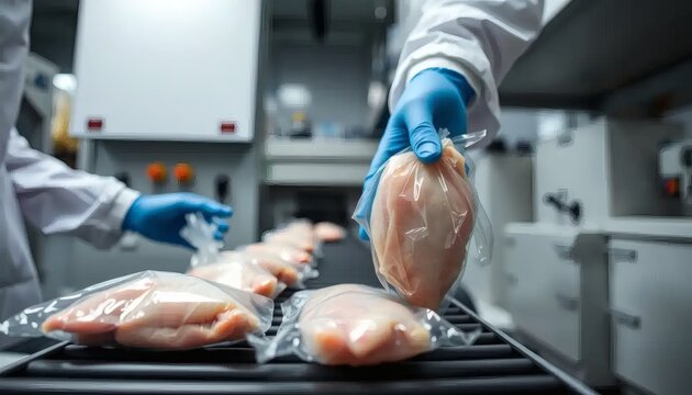 Freshly Packaged Chicken Breasts on Conveyor Belt in Food Processing Plant
