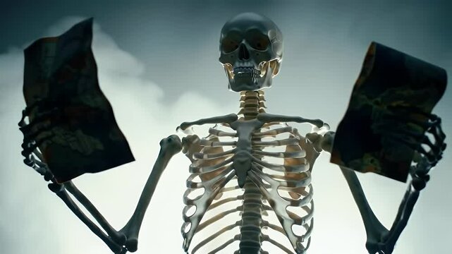 Skeleton Holding Torn Documents Against Cloudy Sky