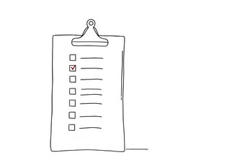 One continuous line drawing of clipboard, checklist, pen; test expertise, exam concept,  monochrome,  assessment