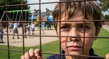 Young Child Behind Fence Feeling Isolated at School Playground Emotional Concept
