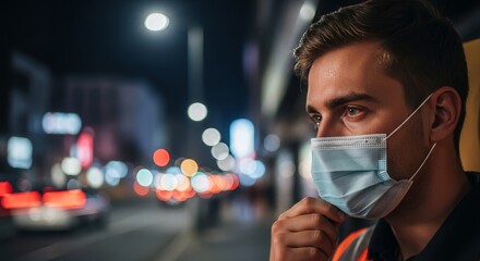 Young European Man in Medical Mask Adjusting Face Covering on City Street at Night